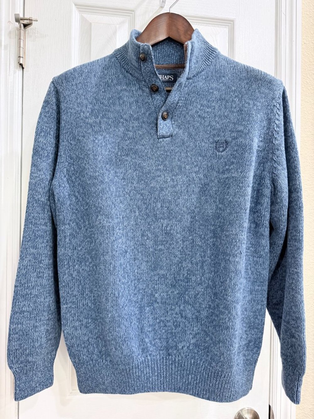 CHAPS Marled Knit Sweater Men’s Medium Blue Mock Neck Elbow Patch Pullover